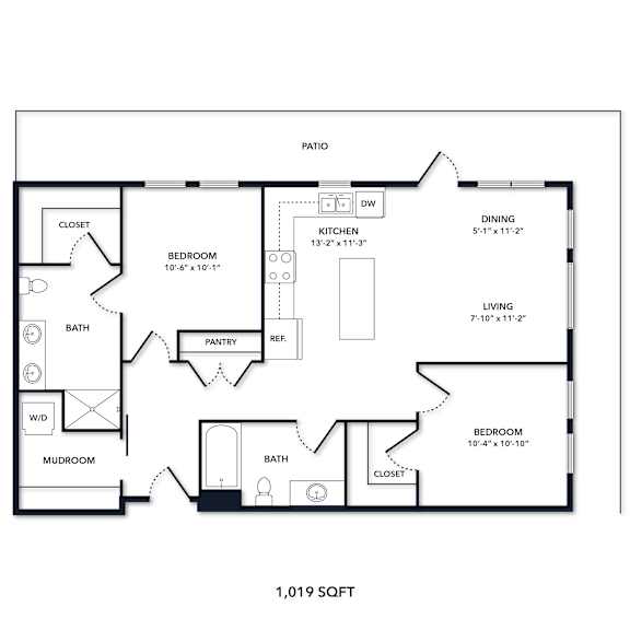 A floor plan of a 1,019 square foot home.