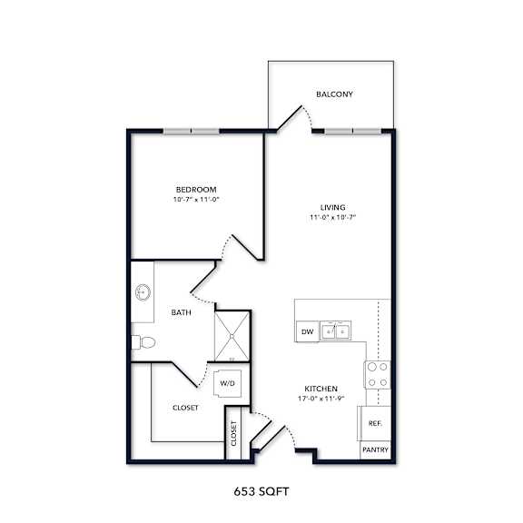 A floor plan of a 653 square foot home.