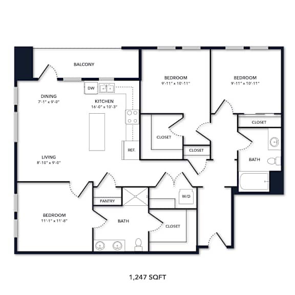 A floor plan of a 1,247 square foot home.