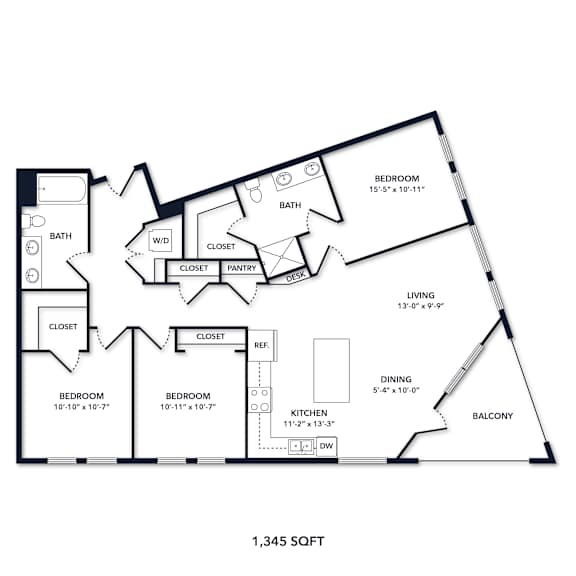 A floor plan of a 1,345 square foot home.