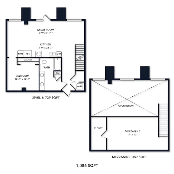 A floor plan of a two-level apartment with a total area of 1,086 square feet.