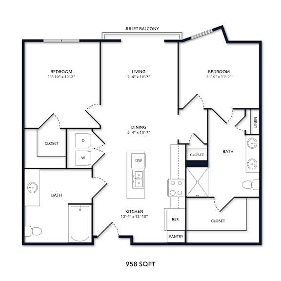 A floor plan of a 958 square foot apartment