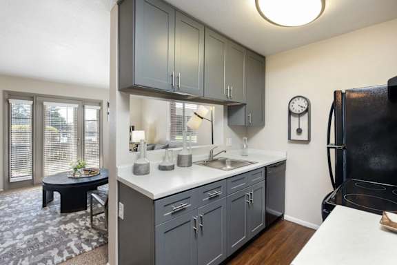 A kitchen with a black refrigerator and a white countertop.