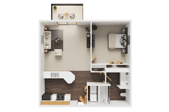 A 3D rendered image of a small apartment layout.