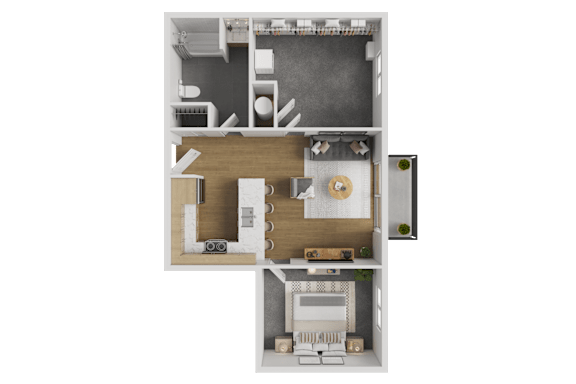 Floor Plan  A top-down view of a house layout with a kitchen, living room, and bathroom.