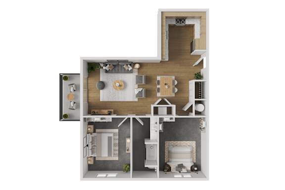 A 3D floor plan of a house with a kitchen, living room, and two bedrooms.