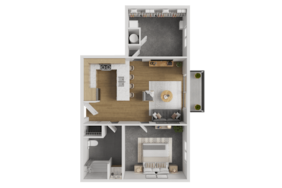 Floor Plan  A 3D floor plan of a house with a kitchen, living room, and bathroom.