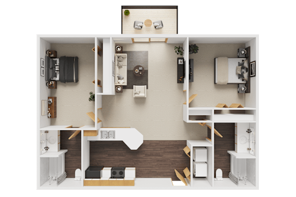 A 3D floor plan of a small apartment with a kitchen, living room, and bathroom.