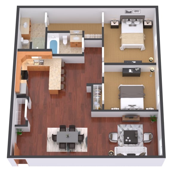 a floor plan of a one bedroom apartment with two bathrooms and a balcony