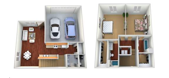 Two images of a dollhouse interior with a living room and bedroom.