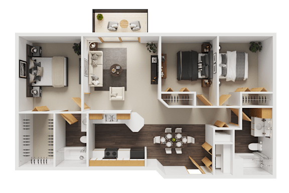 A detailed 3D floor plan of a modern apartment layout.