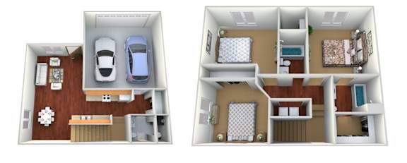 Two floor plans of a house with a car and a snowflake symbol.