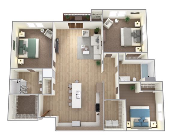 3 Bed 2 Bath Floor Plan at Bella Rose Apartments, Hudson