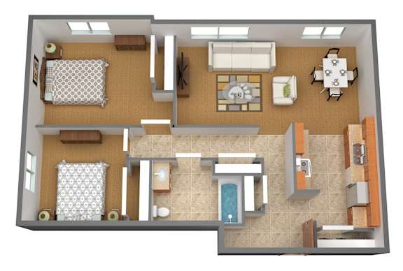 Floor Plan  A 3D floor plan of a house with two bedrooms, a living room, a kitchen, and a bathroom.