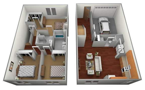 A 3D floor plan of a small apartment with two bedrooms, a living room, and a kitchen.