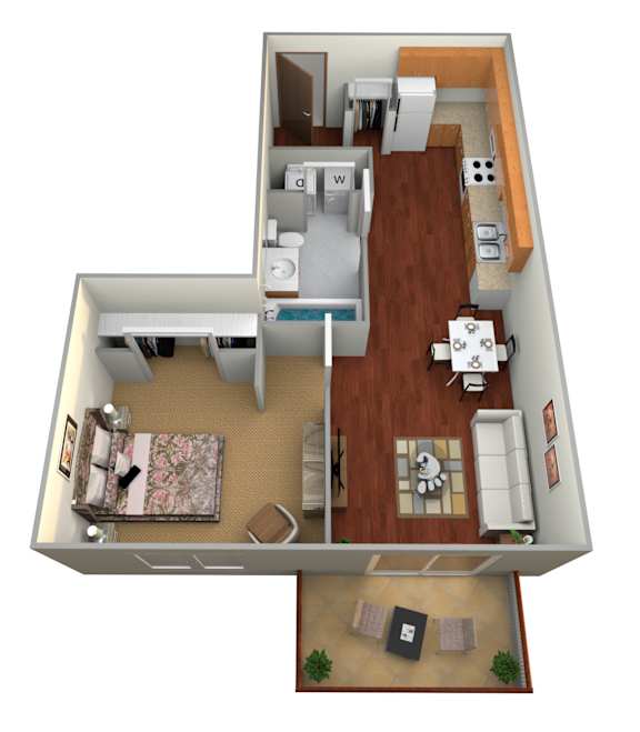 a 3d drawing of a 1 bedroom floor plan