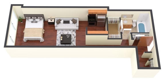 a 3d floor plan of a living room with a bedroom
