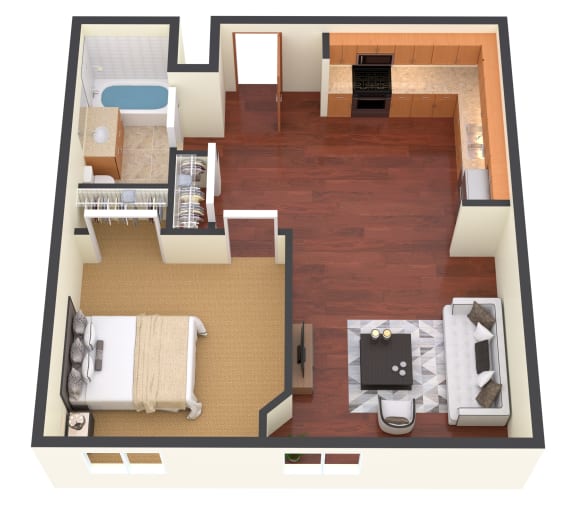 a layout of a bedroom with a living room and a bathroom