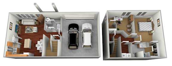 A floor plan of a two-bedroom apartment with a garage.