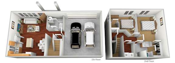 A diagram of a two-story house with a car parked in the garage.