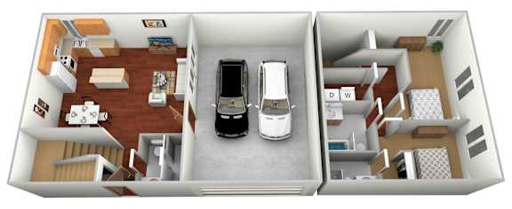 A 3D image of a house layout with a living room, kitchen, dining area, and two bedrooms.