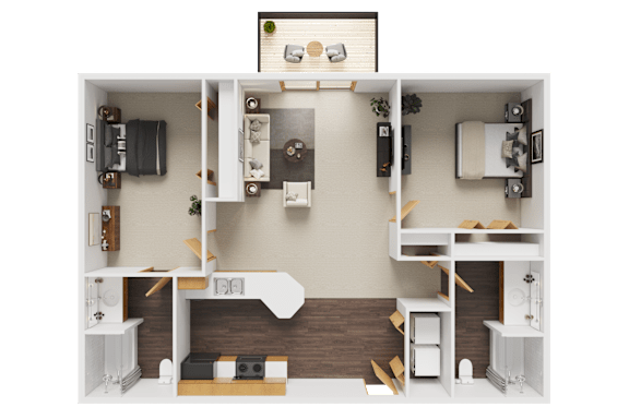 A 3D floor plan of a small apartment with a kitchen, living room, and bedroom.