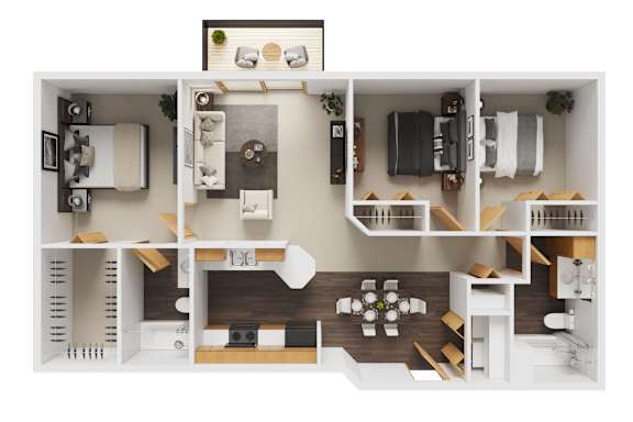 A detailed 3D floor plan of a modern apartment layout.
