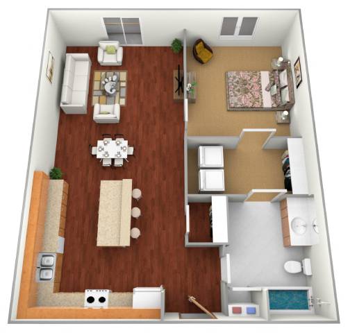 A 3D rendered image of a small apartment layout.