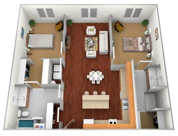 A top-down view of a small apartment with a kitchen, living room, and bedroom.
