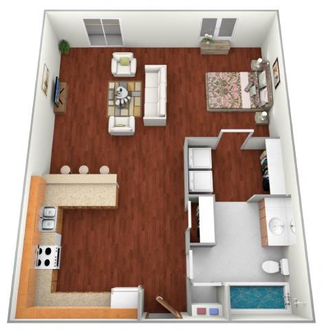 A 3D floor plan of a small apartment with a kitchen, living room, and bathroom.