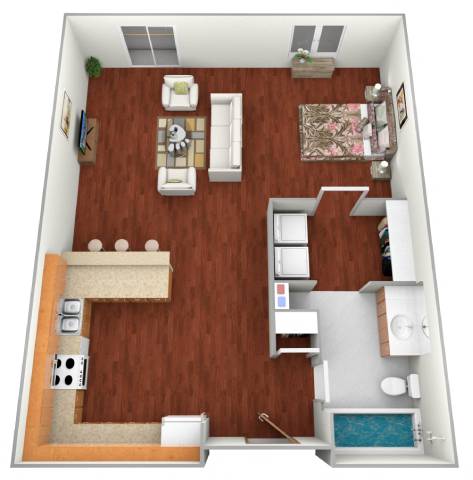 A 3D rendered image of a small apartment layout.