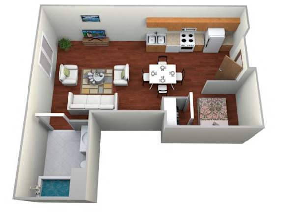 A 3D floor plan of a house with a kitchen, dining area, and a bathroom.