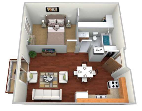 A 3D floor plan of a small apartment with a living room, kitchen, and bedroom.