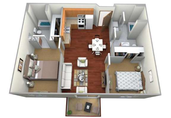 A 3D floor plan of a small apartment with a kitchen, living room, and bedroom.