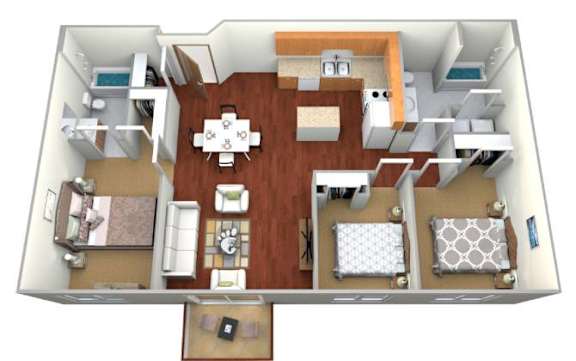 A 3D floor plan of a house with a kitchen, living room, and two bedrooms.