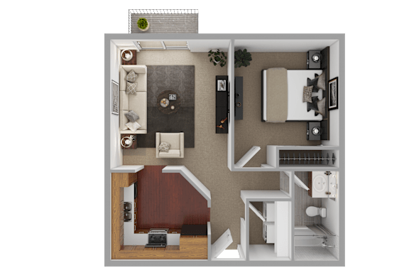 A 3D floor plan of a small apartment with a kitchen, living room, and bathroom.