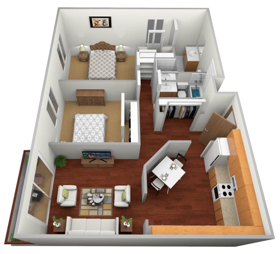 Floor Plan  a 3d rendering of a 1 bedroom floor plan with a bathroom and living room