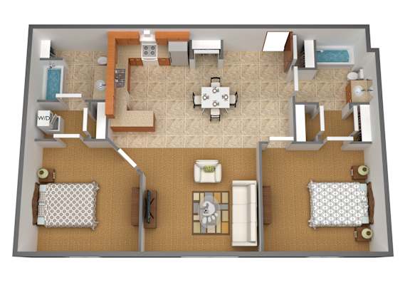 Floor Plan  A 3D floor plan of a house with a kitchen, living room, and two bedrooms.