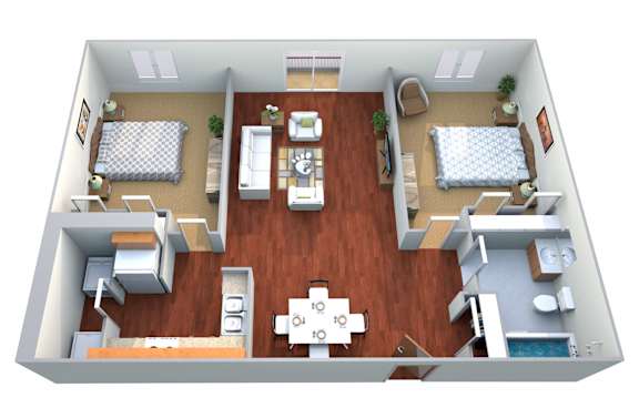 A 3D floor plan of a house with two bedrooms, a living room, a kitchen, and a bathroom.