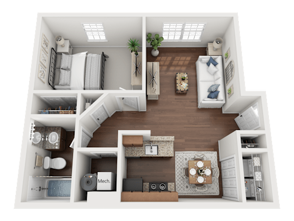 A top-down view of a small apartment with a living room, kitchen, and bedroom.