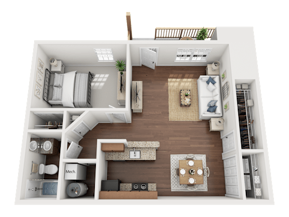 A top-down view of a small apartment with a kitchen, living room, and bedroom.
