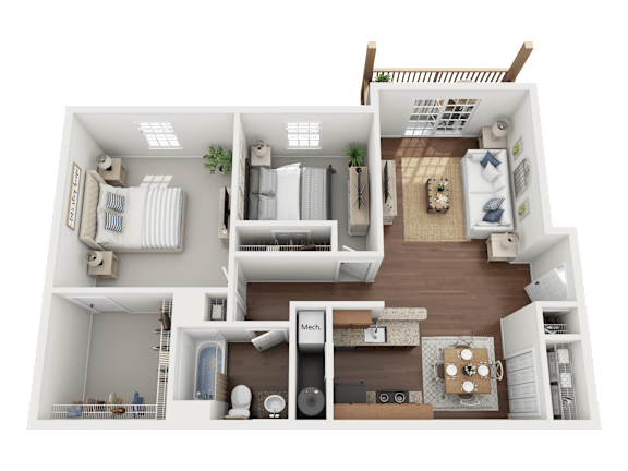 A 3D floor plan of a small apartment with a kitchen, living room, and bedroom.
