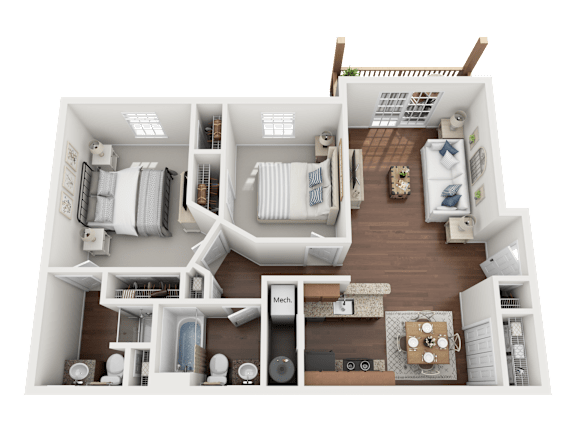 A 3D floor plan of a house showing a living room, two bedrooms, a kitchen, and a bathroom.