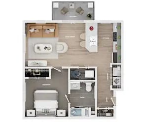 A floor plan of a small apartment with a kitchen, living room, and bathroom.
