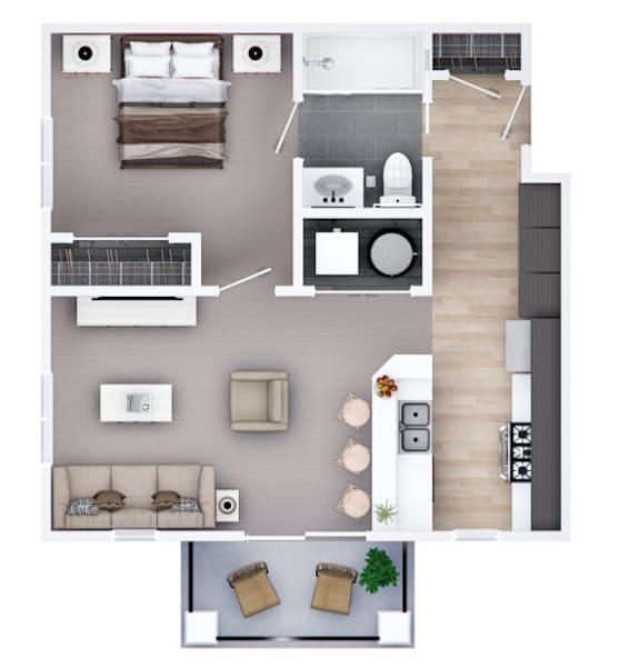 A top-down view of a modern apartment layout with a kitchen, living room, and bedrooms.