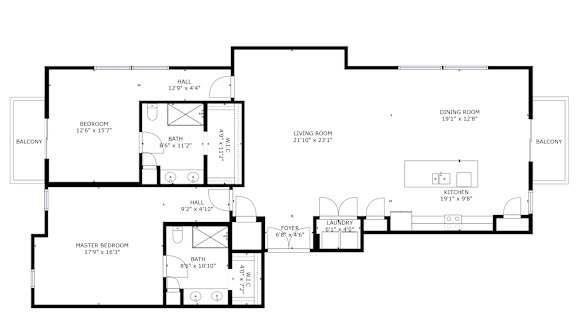 A floor plan of a house with a master bedroom suite and a dining room.