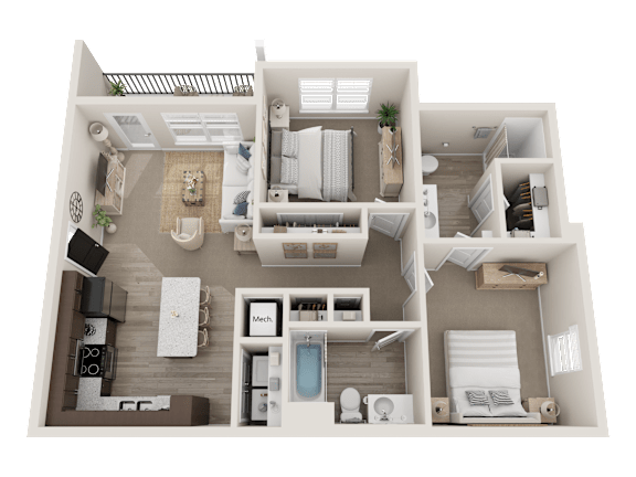 A 3D floor plan of an apartment showing a kitchen, living room, dining area, and bedrooms.
