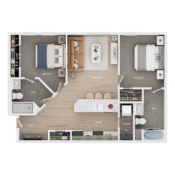A floor plan of a small apartment with two bedrooms, a living room, a kitchen, a laundry area, and an entryway.