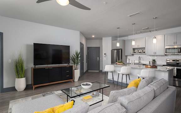A modern living room with a grey sofa and a black television.