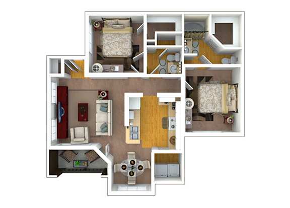 A 3D floor plan of a house with a kitchen, living room, and two bedrooms.